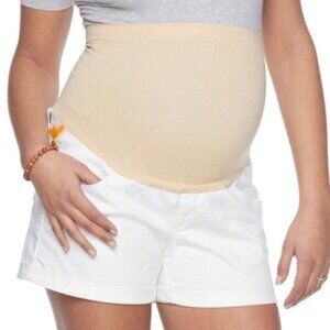 a:glow Maternity White Denim Pockets Belly Band Cuffed Jean Shorts Sz 14 New